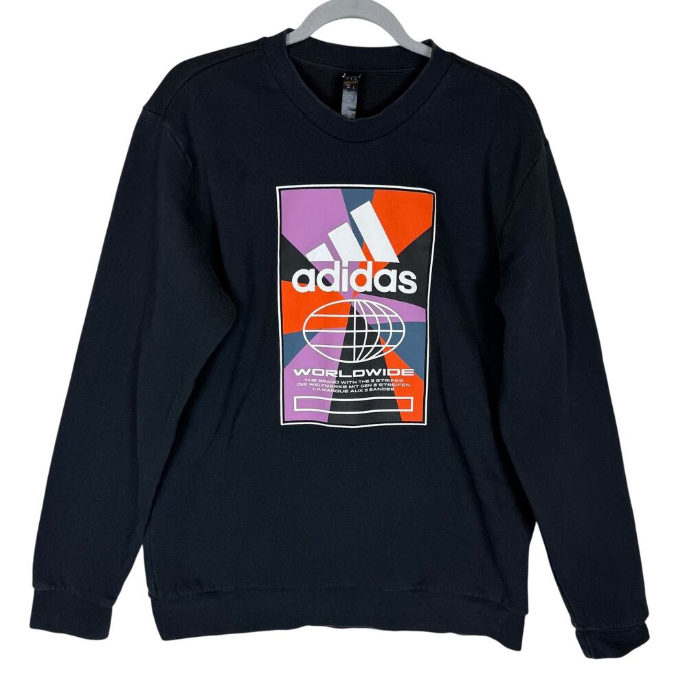 Adidas‎ Worldwide Sweatshirt Mens Medium Black Graphic Fleece Lined Long Sleeve